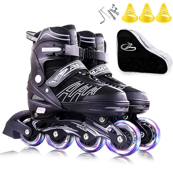 インラインスケート ローラースケート サイズ調整可能 全発光ウィール 通気性 高速 静音 人間工学に基づいたデザイン Inline skate 子供用 大人 女の子 男の子 初心者向 家族共用 (ブラック,L(23.5-26cm))