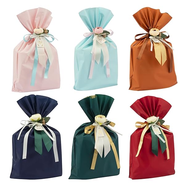 ラッピング袋 ギフトバッグ 包む リボン付き プレゼント用 手作り造花 5種類 ギフト 包装 シンプル 無地 厚手 おしゃれ 可愛い リサイクル可能 誕生日 結...