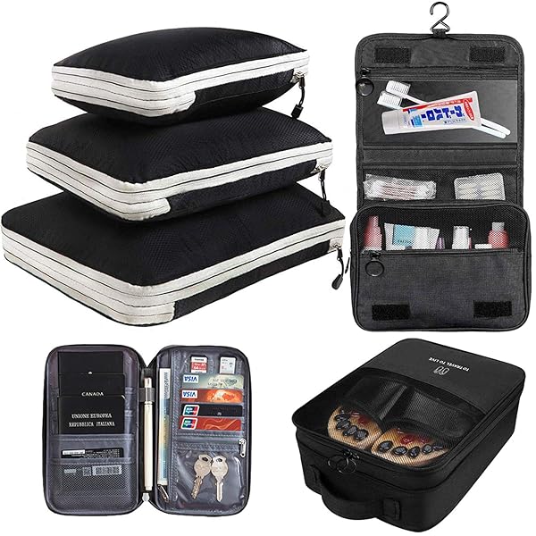 圧縮バッグ 便利旅行圧縮バッグ 6点セット ファスナー圧縮 衣類スペース50％節約 トラベルポーチ セット 収納 衣類仕分け 旅行 出張 多機能 簡単圧縮 軽量 便利グッズ (ブラック)