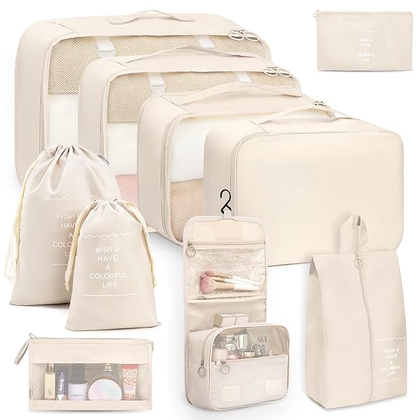 トラベルポーチ 10点セット 旅行用ポーチ 目に見えるメッシュデザイン 撥水加工 衣類仕分け 旅行用 出張 衣類 整理 便利グッズ (ベージュ)