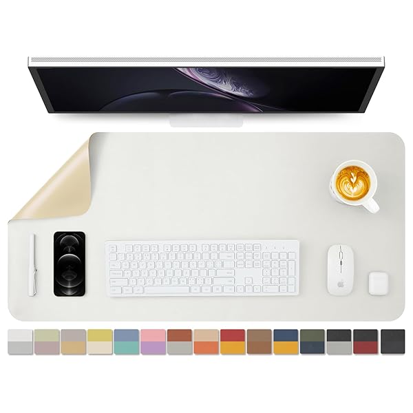 両面レザーデスクパッド、PUデスクマット、防水デスクプロテクター、オフィス/ホーム/ゲーム/デコ用デスクマウスパッド(白+クリーム入り、90cm*43cm)