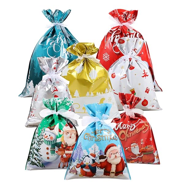 クリスマス ラッピング袋 20枚入 ビニール グリーティング ギフトバッグ かわいい プレゼント袋 4サイズ 小 中 大 特大(S〜XL) 8デザイン リボン付...