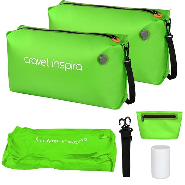 トラベルポーチ 圧縮収納 「2枚+電動ポンプ+洗面ポーチ」22L 衣類50%削減 手動/真空両用 3WAY TPU速乾素材 完全防水防塵 3WAY 3泊分衣類収納 マルチユース アップルグリーン