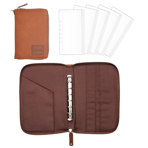 家計管理ポーチ 収納ケース ファスナー付き クリアジップケース5枚 (ブラウン)