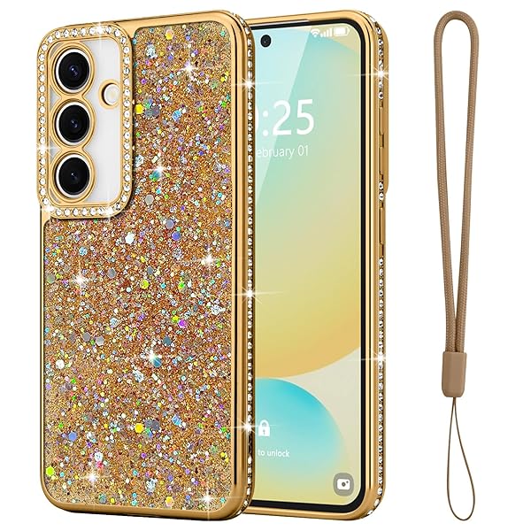 Samsung Galaxy S24 FE 用 ケース キラキラ ダイヤモンド スマホケース 女性 かわいい ラメ 軽量 スリム 耐衝撃 ワイヤレス充電対応 ギャラクシー S24 FE 用 シリコーン保護ケース ストラップ付き ゴールド