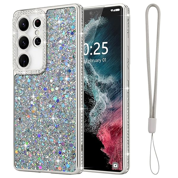 Samsung Galaxy S22 Ultra 5G 用 ケース キラキラ ダイヤモンド スマホケース 女性 かわいい ラメ 軽量 スリム 耐衝撃 ワイヤレス充電対応 ギャラクシー S22 Ultra 5G 用 シリコーン 保護ケース ストラップ付