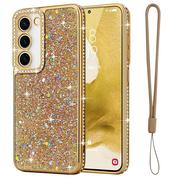 Samsung Galaxy S22 5G 用 ケース キラキラ ダイヤモンド スマホケース 女性 かわいい ラメ 軽量 スリム 耐衝撃 ワイヤレス充電対応 ギャラクシー S22 5G 用 シリコーン 保護ケース ストラップ付き ゴールド