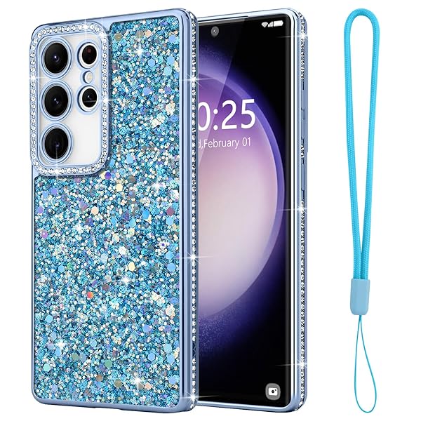 Samsung Galaxy S23 Ultra 用 ケース キラキラ ダイヤモンド スマホケース 女性 かわいい ラメ 軽量 スリム 耐衝撃 ワイヤレス充電対応 ギャラクシー S23 Ultra用 シリコーン保護ケース ストラップ付き ブルー