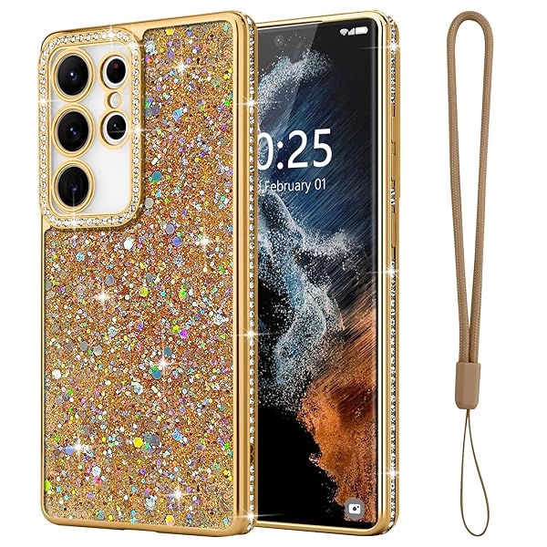 Samsung Galaxy S22 Ultra 5G 用 ケース キラキラ ダイヤモンド スマホケース 女性 かわいい ラメ 軽量 スリム 耐衝撃 ワイヤレス充電対応 ギャラクシー S22 Ultra 5G 用 シリコーン 保護ケース ストラップ付