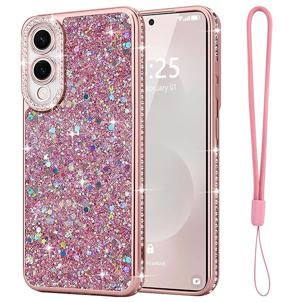 Samsung Galaxy S25 Edge 用 ケース キラキラ ダイヤモンド スマホケース 女性 かわいい ラメ 軽量 スリム 耐衝撃 ワイヤレス充電対応 ギャラクシー S25 Edge 用 シリコーン保護ケース ストラップ付き ピンク