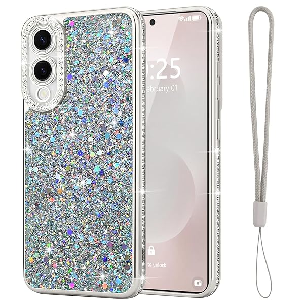 Samsung Galaxy S25 Edge 用 ケース キラキラ ダイヤモンド スマホケース 女性 かわいい ラメ 軽量 スリム 耐衝撃 ワイヤレス充電対応 ギャラクシー S25 Edge 用 シリコーン保護ケース ストラップ付き シルバー