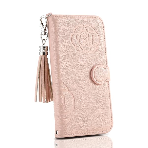 ギャラクシーS10 スマホケース 鏡付き カード2枚入れ かわいいカメリアお花柄 女子 ケース ストラップ..