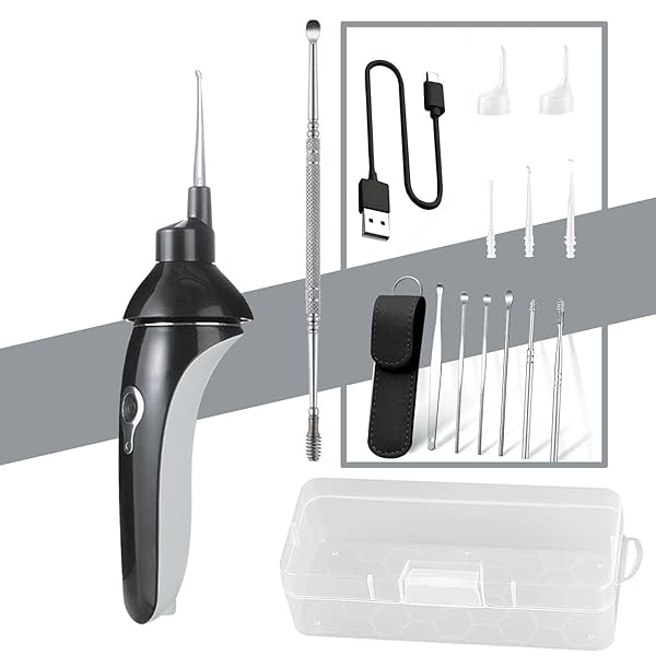 電動耳かき 耳かき 振動 吸引式 耳掃除 耳垢取り USB充電式 光る耳かき 耳垢クリーニング 耳垢除去キット 耳専用掃除機 収納ケース付き 子供用 お年寄り用 家庭用 (黒)