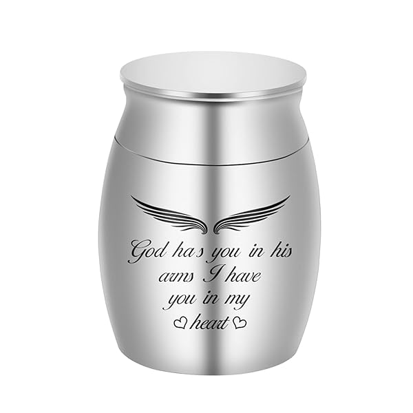 ミニ骨壷 遺骨入れ メモリアル骨壷 納骨容器 天使の翼 「God has you in his arms I have you in my he..