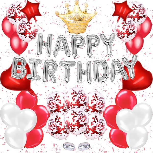 風船 誕生日 飾り付け セット （48点）happy birthday 風船 バースデー バルーン 赤い色 王冠 バルーン