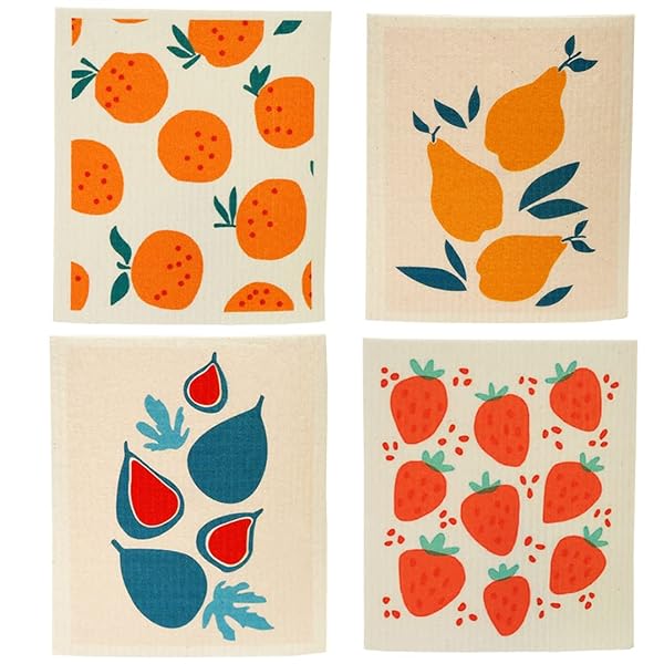 キッチンクロス セルロースクロス 天然繊維 ふきん 水切りマット 4枚セット 17x20cm オリジナルデザイン スポンジワイプ 北欧 吸水 速乾 抗菌