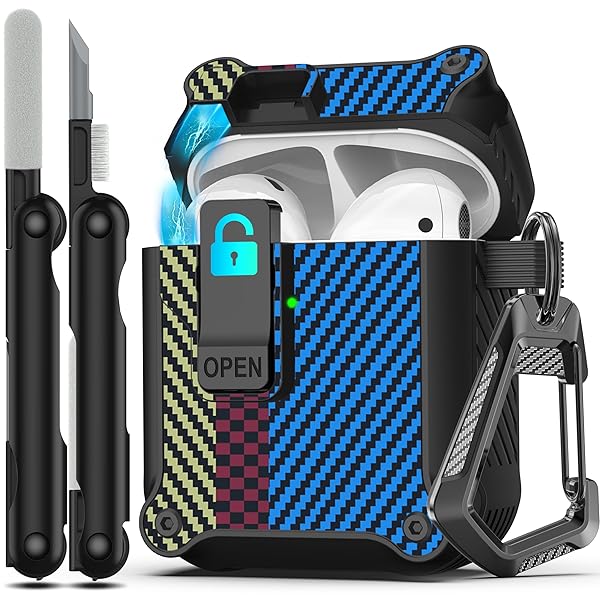 Airpods 第 2 世代および第 1 世代保護ケース 安全ロッククリップ付き自動ポップアップ、キーチェーン付きフルボディ耐衝撃ハードケース (無料クリーニングツール) - カーボンファイバーブルー