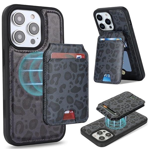 iphone14pro ケース MagSafe 対応 iphone 14 pro ケース マグセーフ 分離式 耐衝撃 背面 カード収納 ワイヤレス充電対応(6.1インチ対応)-ブラック （ヒョウ柄）