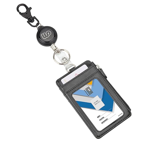 IDカードホルダー リール式 縦 PU革 両面ポケット 社員証・名札・定期入れ・パスケース 小銭入れ ファスナー付き 伸縮タイプ ネームホルダー 大容量 ブラック