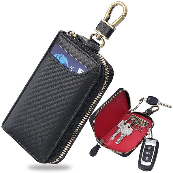 キーケース スマートキー 車キーケース メンズ キーホルダー カードキーケース 本革 レザー カーボンレザー 6連 ファスナー カード入れ 免許証 小銭 札入れ付き 多機能 大容量 コンパクト プレゼント