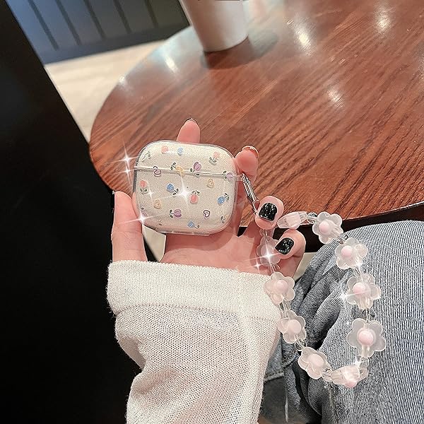 Airpods Pro 対応 ケース クリア おしゃれ, かわいい ピンク パープル 小花 花柄 ブレスレット 付き 女..