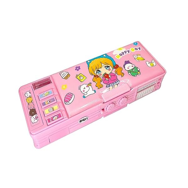 筆箱 ペンケース 小学生 女の子 男の子 両面開き 多機能 パスワード ロック ふでばこ 鉛筆削り付き 文房具 可愛い(ピンク2)