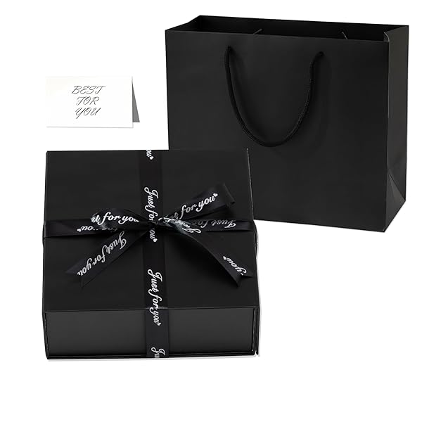 ギフトボックス 24x24x9cm ブラック シルクリボン付き ふた付きマグネット パッケージ 包装 ラッピング 正方形 大容量 折りたたみ 高級 蝶結び 贈り...