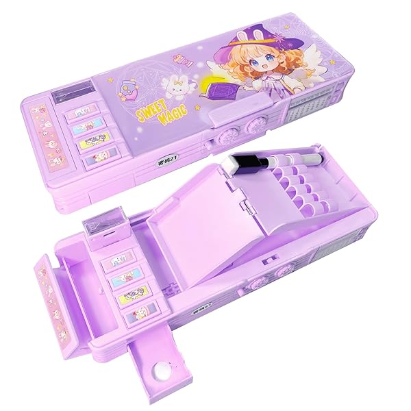 筆箱 ペンケース 小学生 女の子 男の子 両面開き 多機能 パスワード ロック ふでばこ 鉛筆削り付き 文房具 可愛い (パープル)