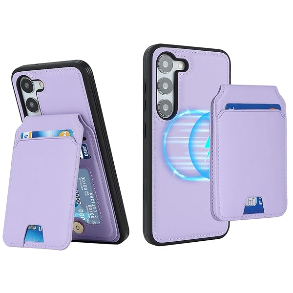Galaxy S23 ケース MagSafe 対応 ギャラクシーs23 ケース マグセーフ SC-51D 耐衝撃 SCG19 au S23 背面 カード収納 分離式 取り外し可能 ワイヤレス充電対応 フェイクレザー-パープル