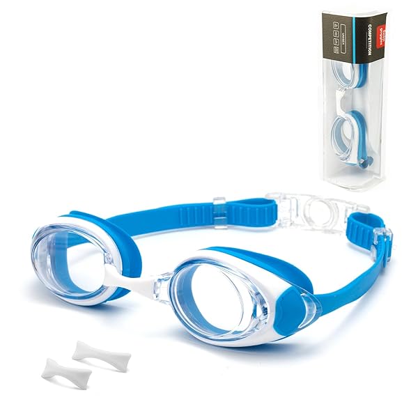 スイミングゴーグル 度付き水泳ゴーグル 子供用 4歳~14歳 近視用 水中メガネ 度付きレンズ 水中眼鏡 曇り止め UVカット くもり止め 抗菌クッション ケース付き 女の子 男の子 キッズ 小学生 中学生 (あおい, -4.5)