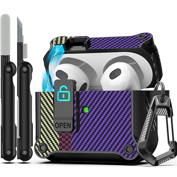 Airpods 第 3 世代用ケース、安全なロック クリップ付き、フルボディ耐衝撃ハードシェル保護、 AirPod 第 3 世代 2021 用 AirPods 3 ケース [フロント LED 可視] - カーボンファイバー パープル