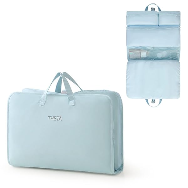 トラベルポーチ 圧縮 吊り下げ 旅行 ポーチ 衣類ラック インナーバッグ 収納ボックス 仕切り トラベルグッズ 出張 クローゼット 折り畳み式 省スペース 大容量 衣装ケース オーガナイザー (ブルー, 45x32x15cm)