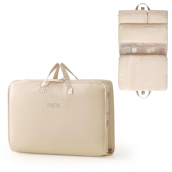 トラベルポーチ 圧縮 吊り下げ 旅行 ポーチ 衣類ラック インナーバッグ 収納ボックス 仕切り トラベルグッズ 出張 クローゼット 折り畳み式 省スペース 大容量 衣装ケース オーガナイザー (ベージュ, 45x32x15cm)