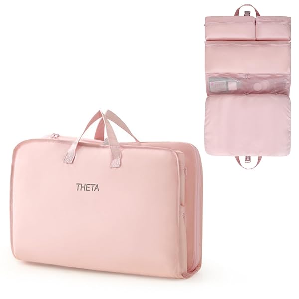 トラベルポーチ 圧縮 吊り下げ 旅行 ポーチ 衣類ラック インナーバッグ 収納ボックス 仕切り トラベルグッズ 出張 クローゼット 折り畳み式 省スペース 大容量 衣装ケース オーガナイザー (ピンク, 45x32x15cm)