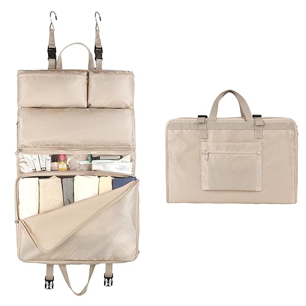 トラベルポーチ 吊り下げ 旅行用ポーチ 衣類収納ラック 圧縮バッグ 5in1 大容量 防水 小さめ 旅行用圧縮袋 多機能 出張 トラベルバッグ 衣装ケース 海外 (ベージュ)