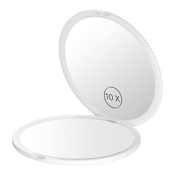 コンパクトミラー 10倍拡大鏡 拡大両面化粧鏡 コンパクト メイクミラー 携帯 両面鏡 折りたたみ シンプルなデザイン 角度調整可 超軽量 ホワイト