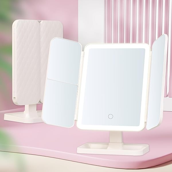 女優ミラー 卓上鏡 三面鏡 LEDライト付き 化粧鏡 卓上ミラー 折りたたみ 3光色切替 2/3倍拡大鏡 触る 明るさの調光 角度調整可能 90°/ 180°回転 タイプC充電（レザーパターン）