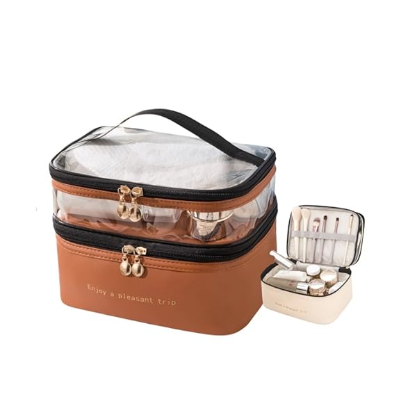 メイクボックス 化粧ポーチ メイクポーチ コスメティックバッグ 大容量 コスメポーチ 化粧品入れ 収納ポーチ 化粧バッグ 旅行ポーチ トイレタリーバッグ トラベルポーチ (ブラウン-二層)