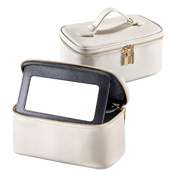 -「Chic」化粧ポーチ 鏡付き メイクポーチ 持ち運び 大容量収納 コスメボックス 取り外せるミラー付き バニティータイプ コスメティックバッグ 小物入れ 旅行/出張用 スキンケア 収納 プチギフト プレゼント（スタンダード版， ホワイト）