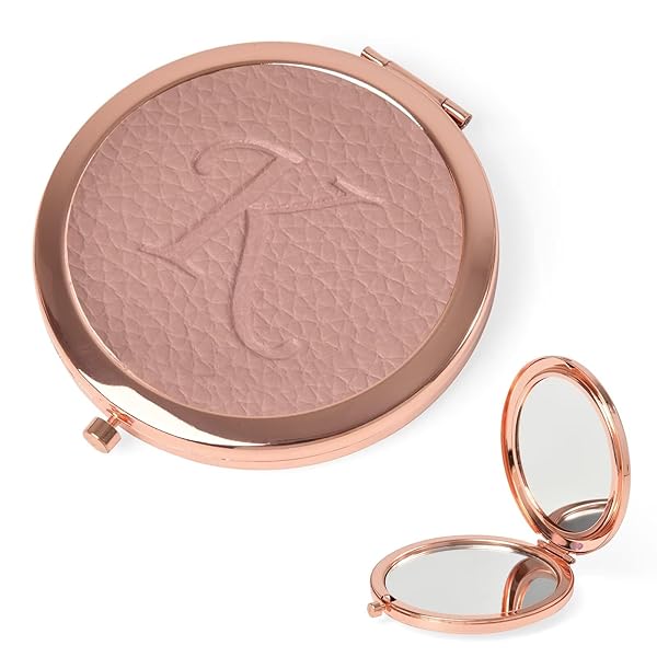 コンパクトミラー 両面鏡 手鏡 2倍 拡大鏡 持ち運び便利 円形 携帯 メイクミラー 角度調整可 折りたたみ鏡 化粧鏡 かわいい イニシャル 女性 超軽量 人気 誕生日 誕生日 母の日 ギフト（Kアプリコットピンク）
