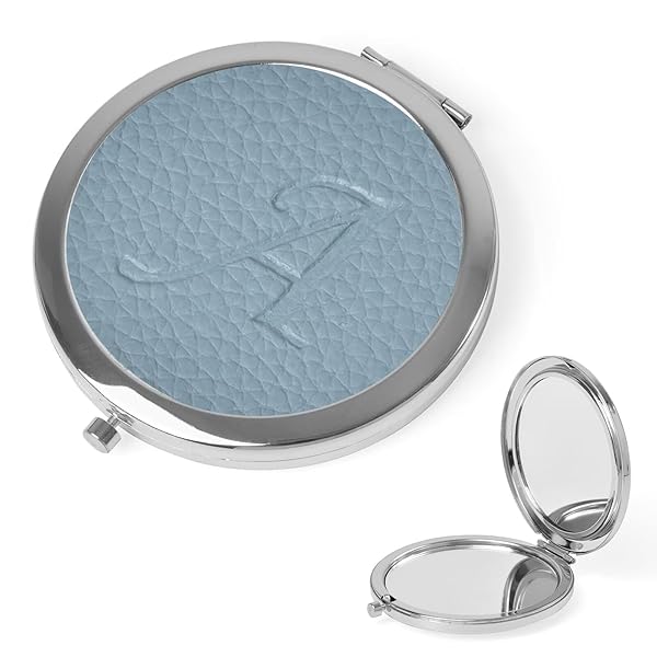 コンパクトミラー 両面鏡 手鏡 2倍 拡大鏡 持ち運び便利 円形 携帯 メイクミラー 角度調整可 折りたたみ鏡 化粧鏡 かわいい イニシャル 女性 超軽量 人気 誕生日 誕生日 母の日 ギフト（Aブルー）