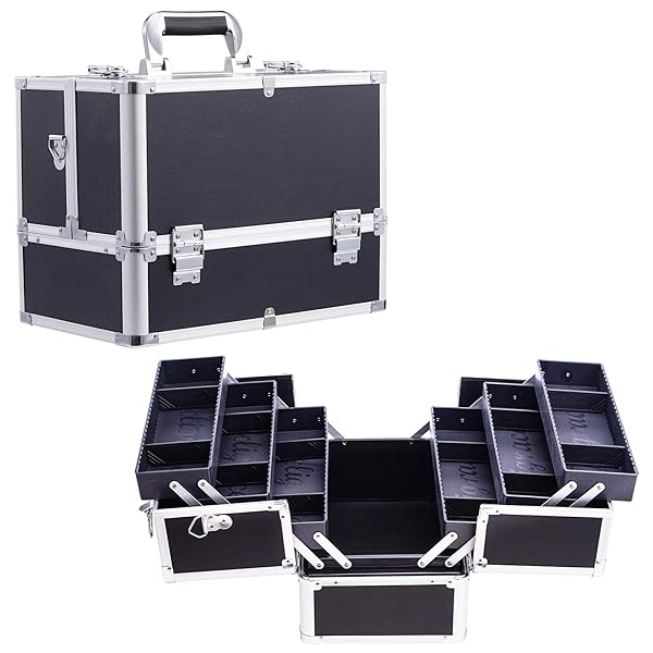 メイクボックス PUレザー コスメボックス 化粧箱 大容量 化粧品収納ボックス ショルダー付き 6つトレイ 幅37cm ブラック