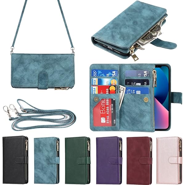 アイフォン14 ケース for iPhone 14 縄掛けケース for iPhone14 手帳型 財布型 ICカード コインポケット ストラップ付き カード 収納 小銭入れ ファスナーポケット付き PUレザー 6色ブルー