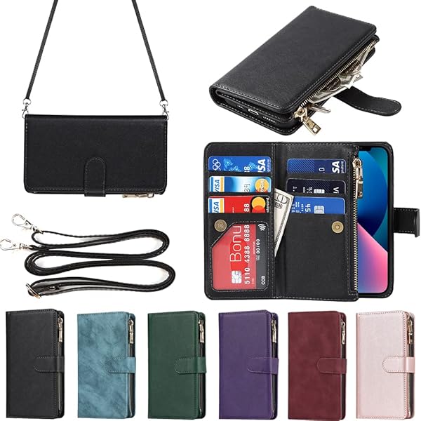 アイフォン14 ケース for iPhone 14 縄掛けケース for iPhone14 手帳型 財布型 ICカード コインポケット ストラップ付き カード 収納 小銭入れ ファスナーポケット付き PUレザー 6色ブラック