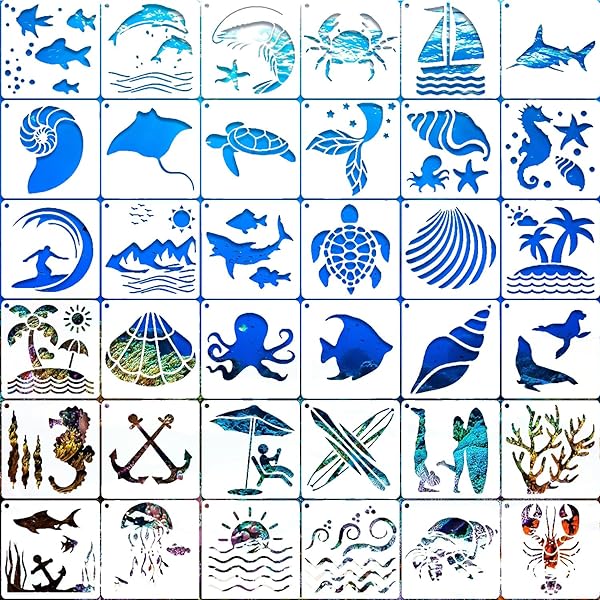 ステンシルシート【36枚セッ】描画テンプレート 36種類 海の生き物柄 絵図 手帳用テンプレート ステンシルプレート 塗り絵 製図用テンプレート DIYアルバム...