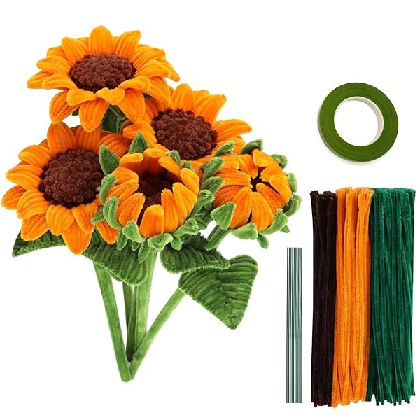 手芸モール 300本 ひまわり DIY造花 花束 カラーモール 手作りキットお花 モールアート 曲げ可能 記念日 誕生日 母の日 贈り物 人工花茎30本 フラワ...