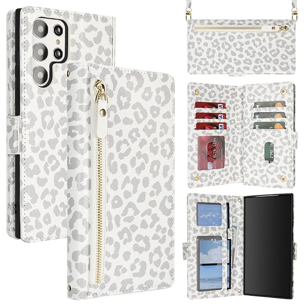 for Galaxy S22 Ultra ケース ギャラクシー S22Ultra 肩がけ 首掛け 斜め掛け ファスナー ストラップ付き ショルダーケース 手帳型 CASE カバー カード収納 横置き スタント PUレザー 財布型 for S22 U