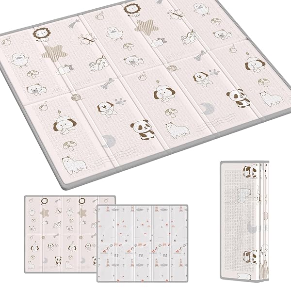 プレイマット 赤ちゃん 厚手 ベビーマット 折り畳み式 大判 ベビープレイマット 滑り止め お昼寝マット 防水 防音マット 収納袋付き 収納しやすい 持ち運び便利 ピクニック 幼稚園 保育園 (動物+町, 180×200×2cm)