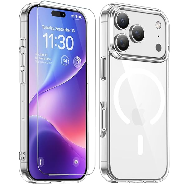 for iPhone 17 Pro 用 ケース クリア Magsafe対応 ガラスフィルム付き アイフォン17Pro 用 ケース マグネット搭載 米軍MIL規格 耐衝撃 ストラップホール付き 耐久性 黄変防止 いphone17 pro 用 ワイヤレス