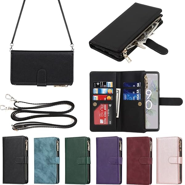 for Google Pixel 6A ケース for pixel 6a 縄掛けケース 手帳型 財布型 ICカード コインポケット ストラップ付き カード 収納 小銭入れ ファスナーポケット付き PUレザー 6色ブラック